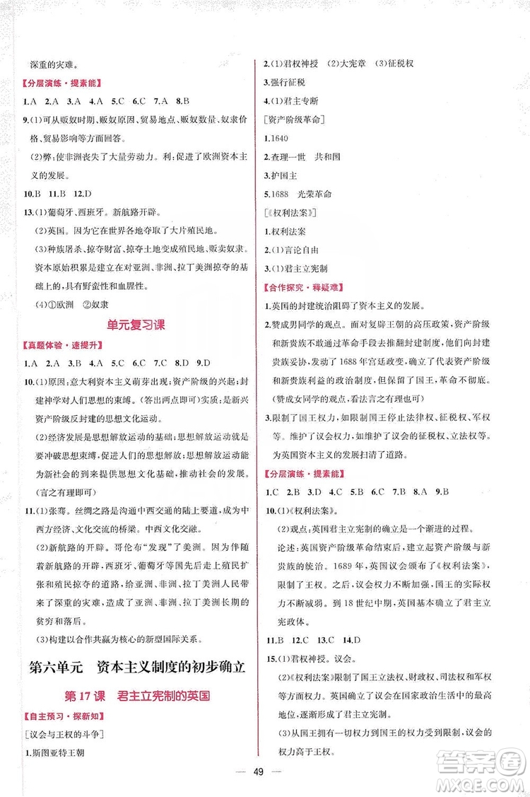 同步學(xué)歷案課時練2019九年級世界歷史人教版答案