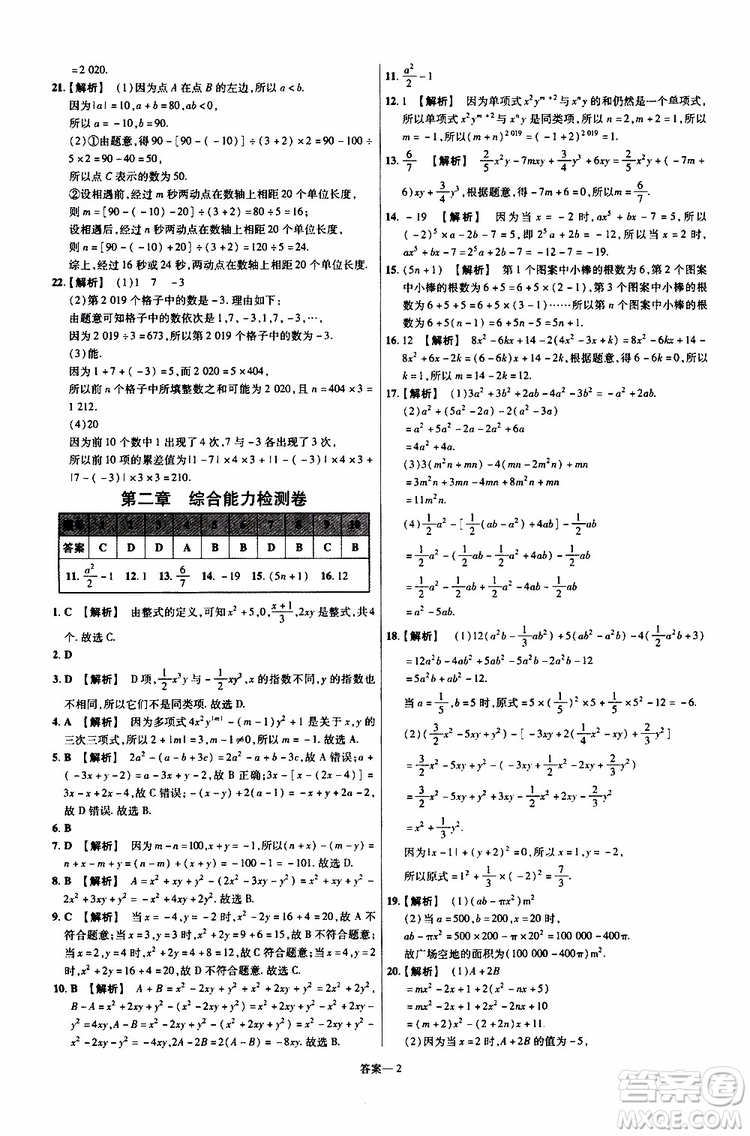 2020版一遍過(guò)單元綜合能力檢測(cè)卷初中數(shù)學(xué)七年級(jí)上冊(cè)RJ人教版參考答案