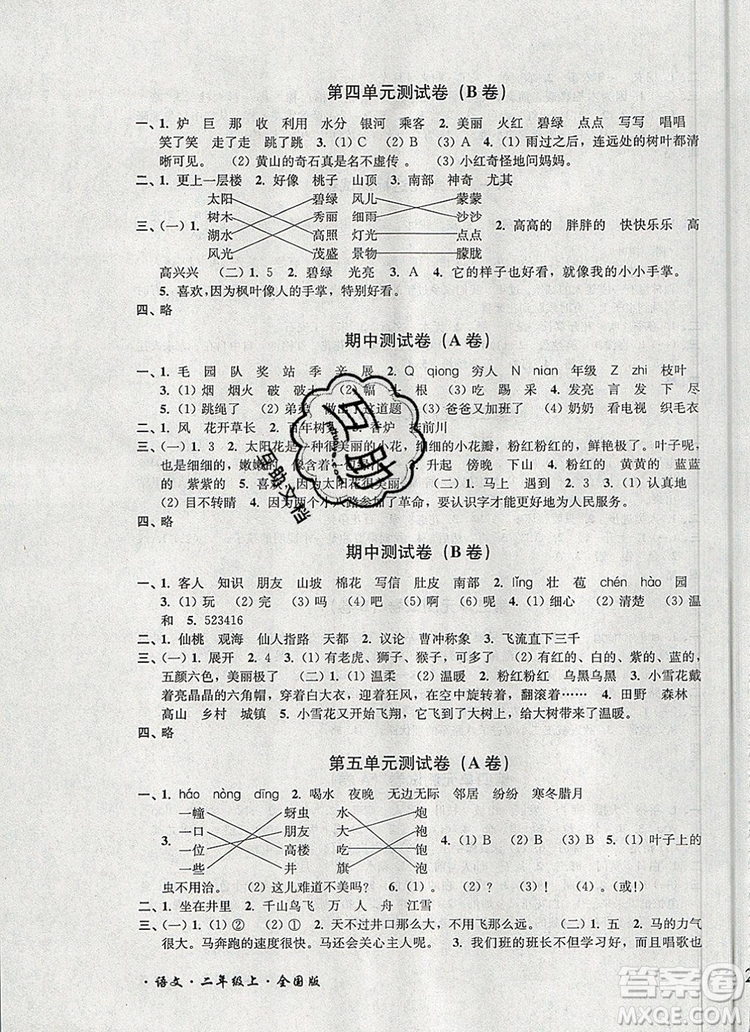 2019年名師點(diǎn)撥培優(yōu)密卷二年級(jí)語(yǔ)文上冊(cè)全國(guó)版參考答案