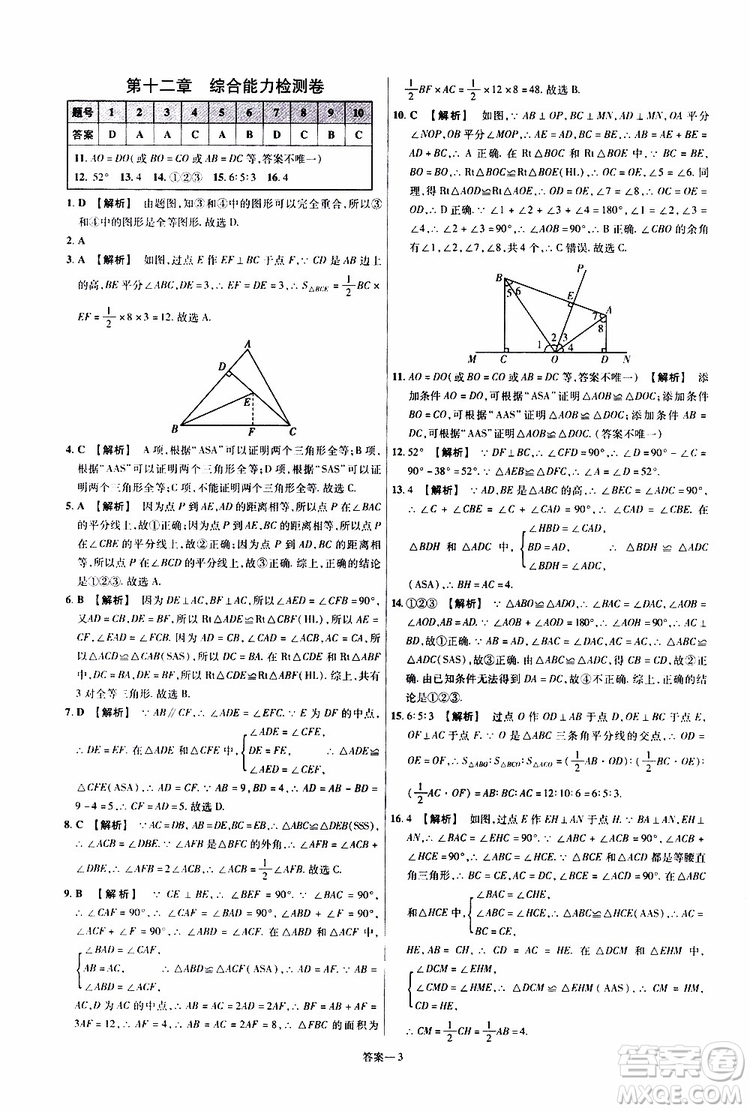 2020版一遍過單元綜合能力檢測卷初中數(shù)學八年級上冊RJ人教版參考答案