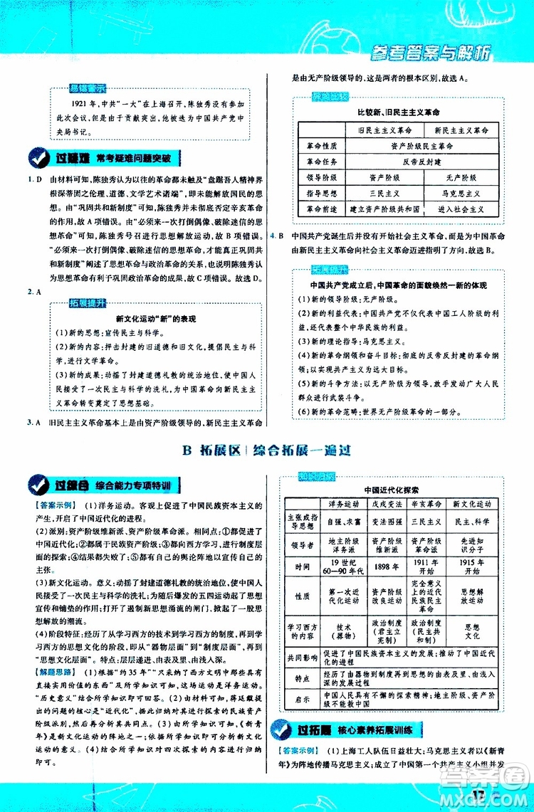 2020版一遍過初中歷史八年級上冊RJ人教版參考答案