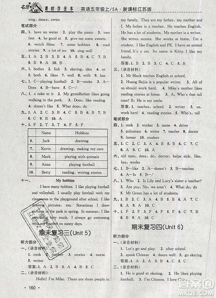 2019年名師點撥課時作業(yè)本五年級英語上冊江蘇版參考答案