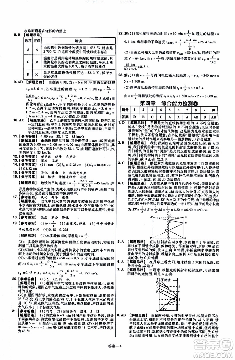 2020版天星教育一遍過單元綜合能力檢測卷初中物理八年級上冊RJ人教版參考答案