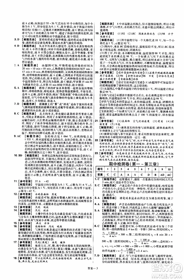 2020版天星教育一遍過單元綜合能力檢測卷初中物理八年級上冊RJ人教版參考答案