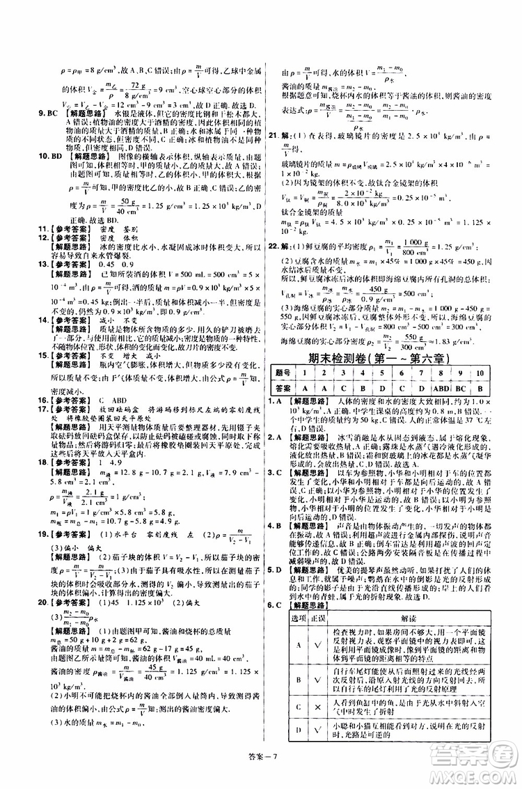 2020版天星教育一遍過單元綜合能力檢測卷初中物理八年級上冊RJ人教版參考答案