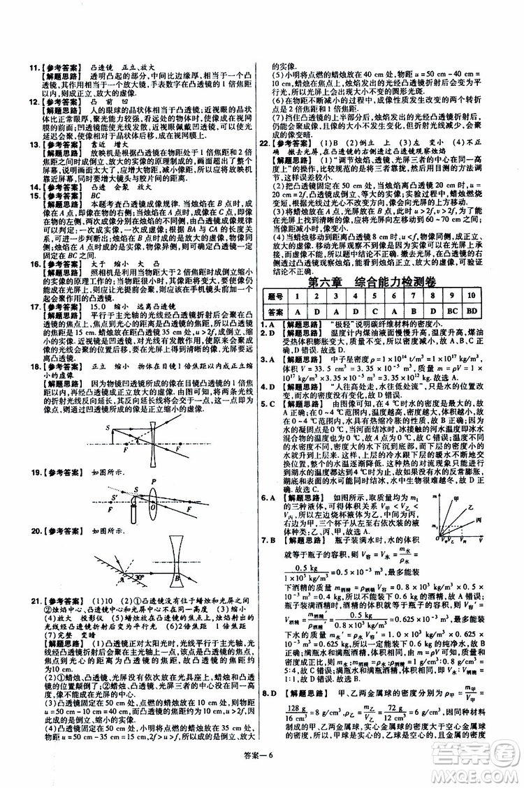 2020版天星教育一遍過單元綜合能力檢測卷初中物理八年級上冊RJ人教版參考答案