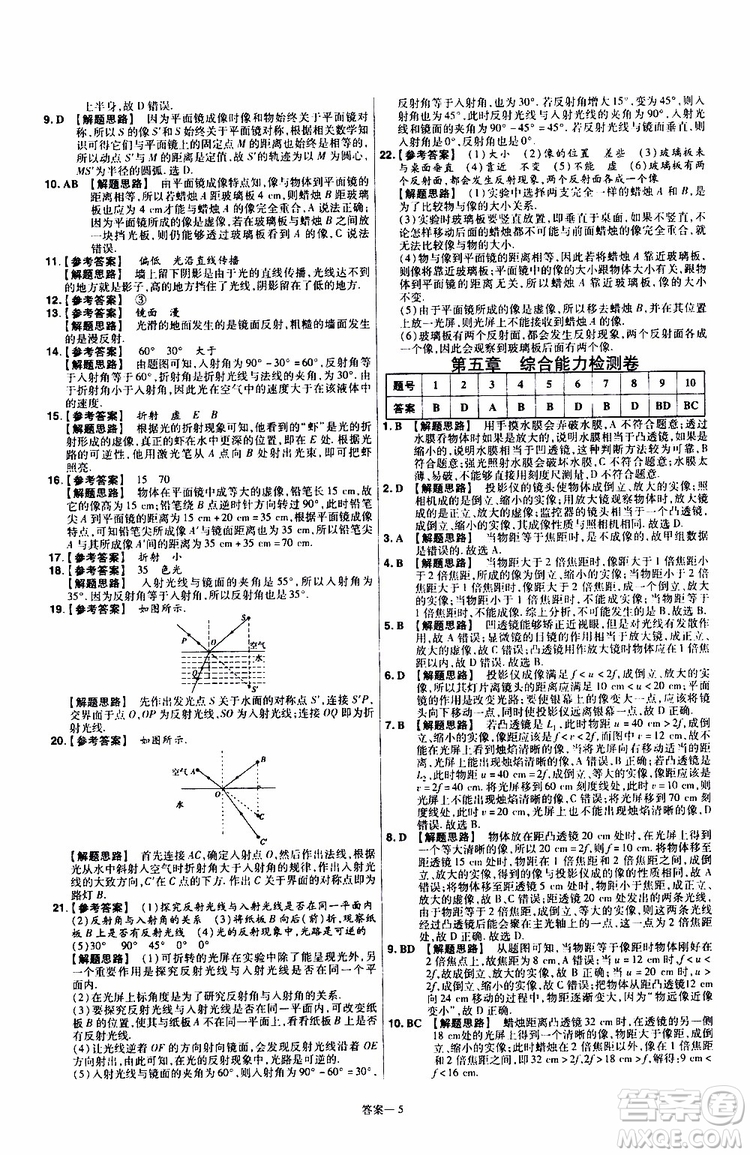 2020版天星教育一遍過單元綜合能力檢測卷初中物理八年級上冊RJ人教版參考答案