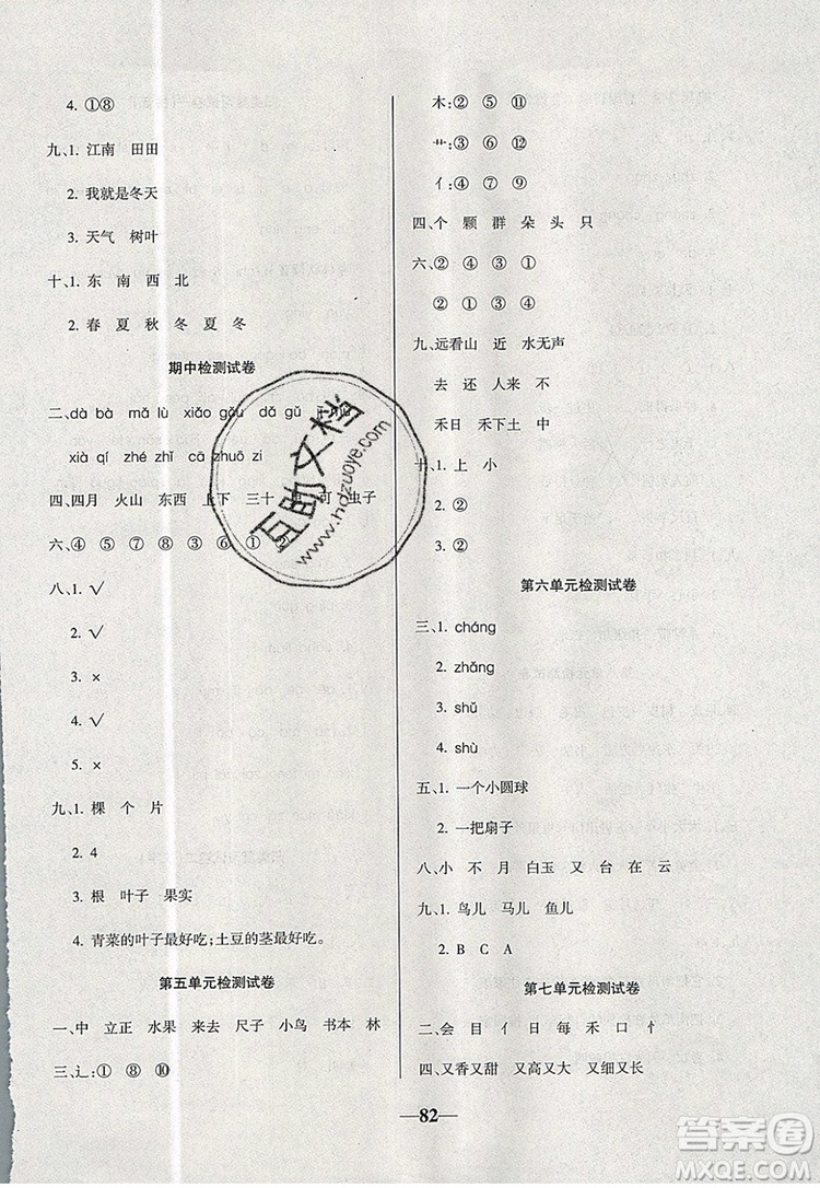 2019年名師點(diǎn)睛滿分卷一年級(jí)語文上冊(cè)人教版參考答案