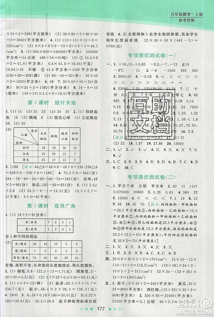 2019年亮點給力提優(yōu)課時作業(yè)本五年級數(shù)學(xué)上冊參考答案