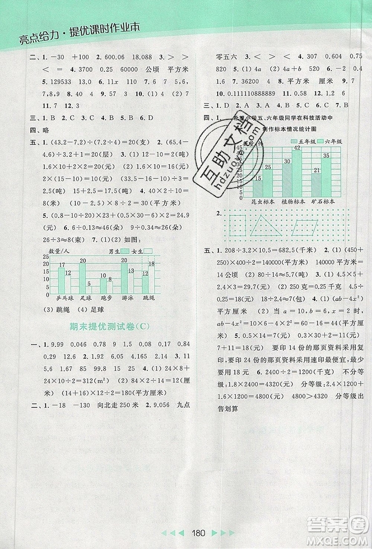 2019年亮點給力提優(yōu)課時作業(yè)本五年級數(shù)學(xué)上冊參考答案