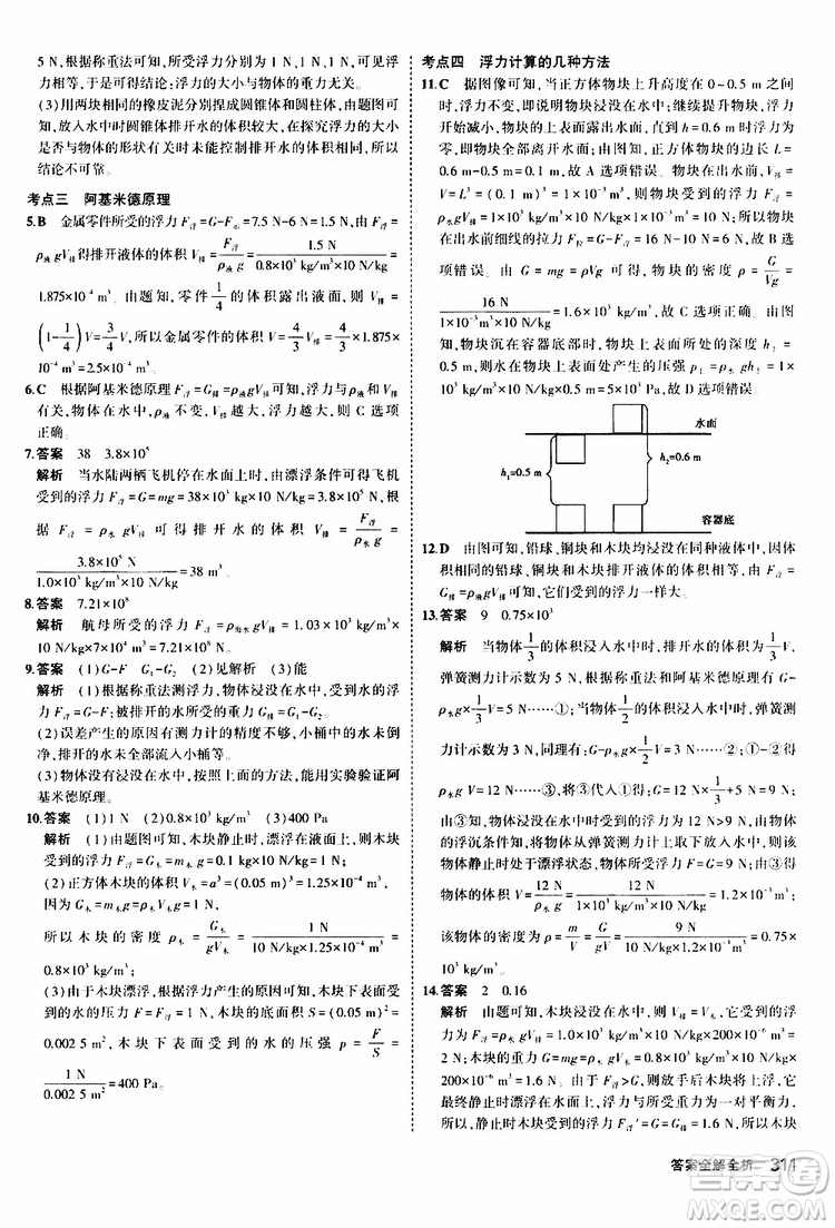 曲一線2020版5年中考3年模擬九年級+中考物理人教版參考答案