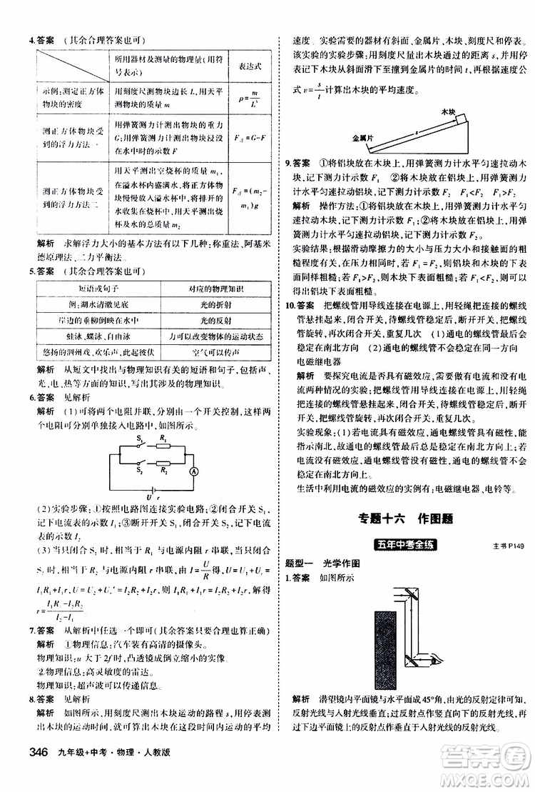 曲一線2020版5年中考3年模擬九年級+中考物理人教版參考答案