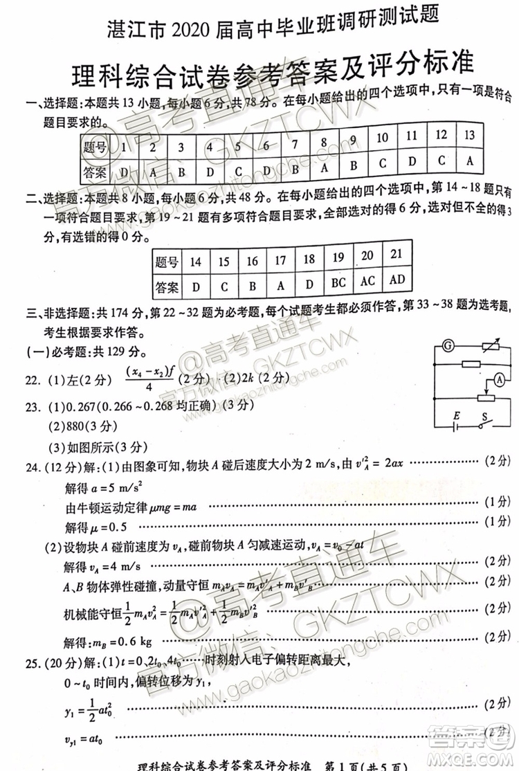 2020屆湛江市高三9月調研考試文理綜試題及參考答案