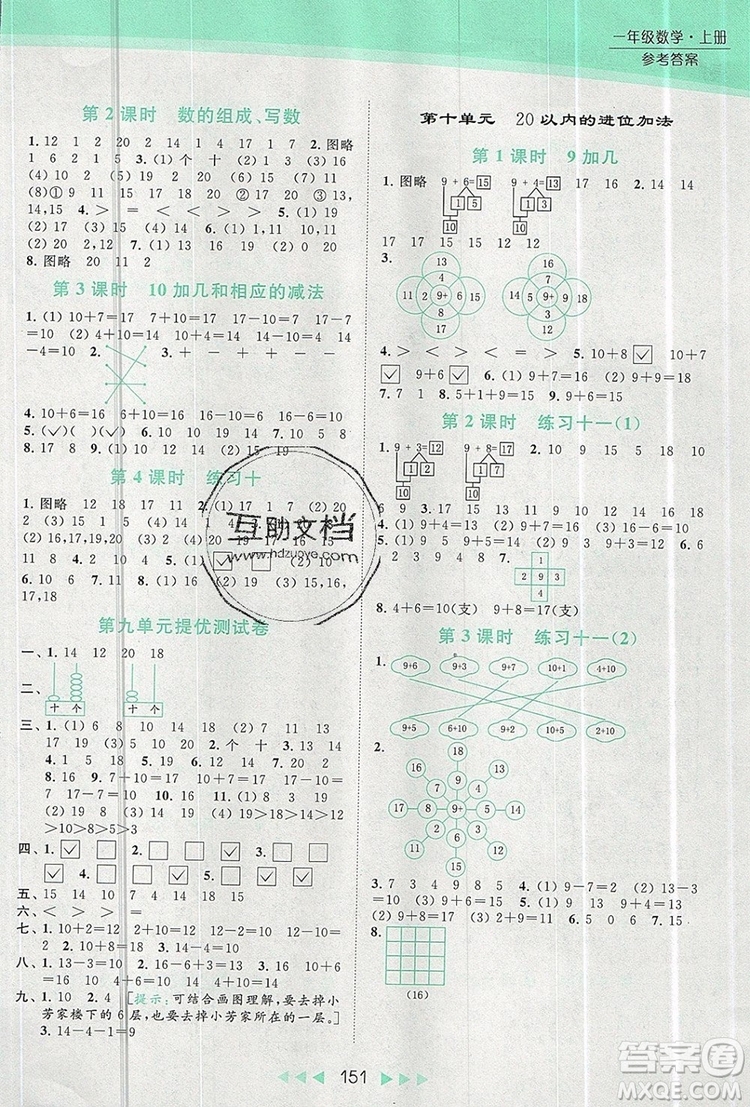 2019年亮點(diǎn)給力提優(yōu)課時(shí)作業(yè)本一年級(jí)數(shù)學(xué)上冊(cè)參考答案