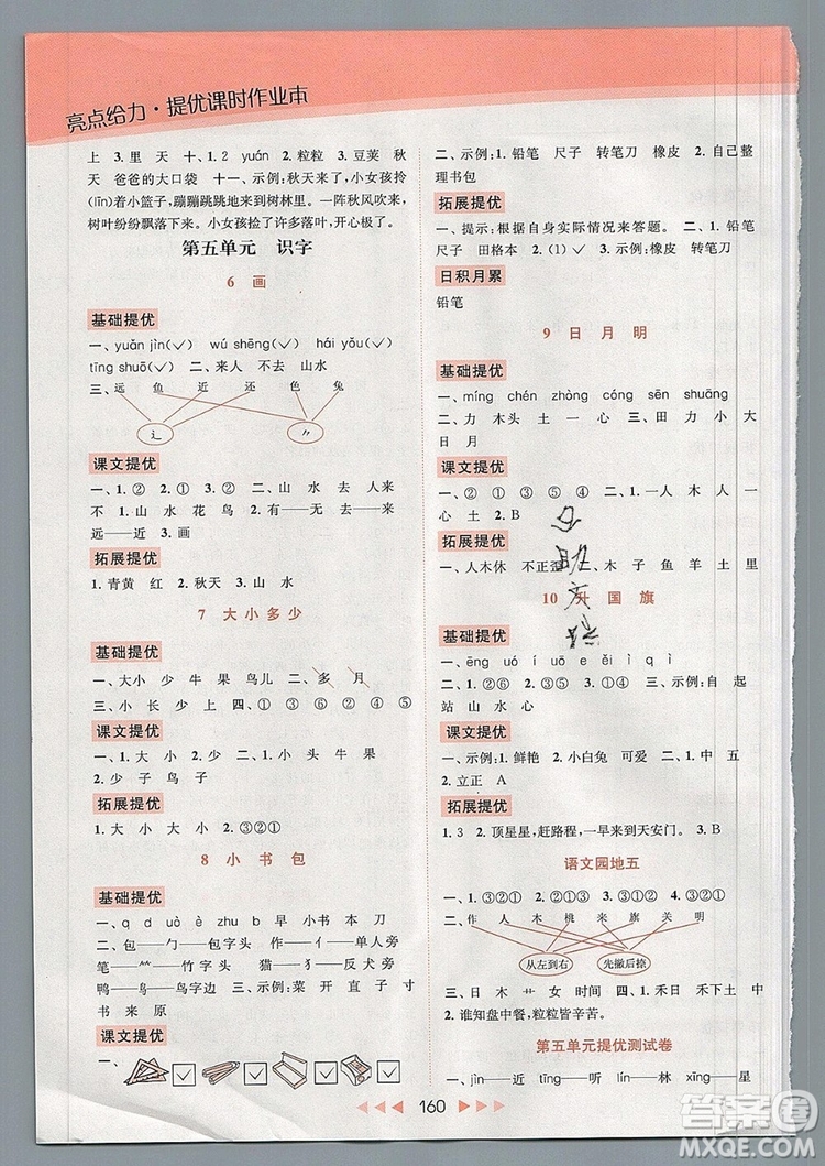 2019年亮點(diǎn)給力提優(yōu)課時(shí)作業(yè)本一年級(jí)語文上冊(cè)參考答案