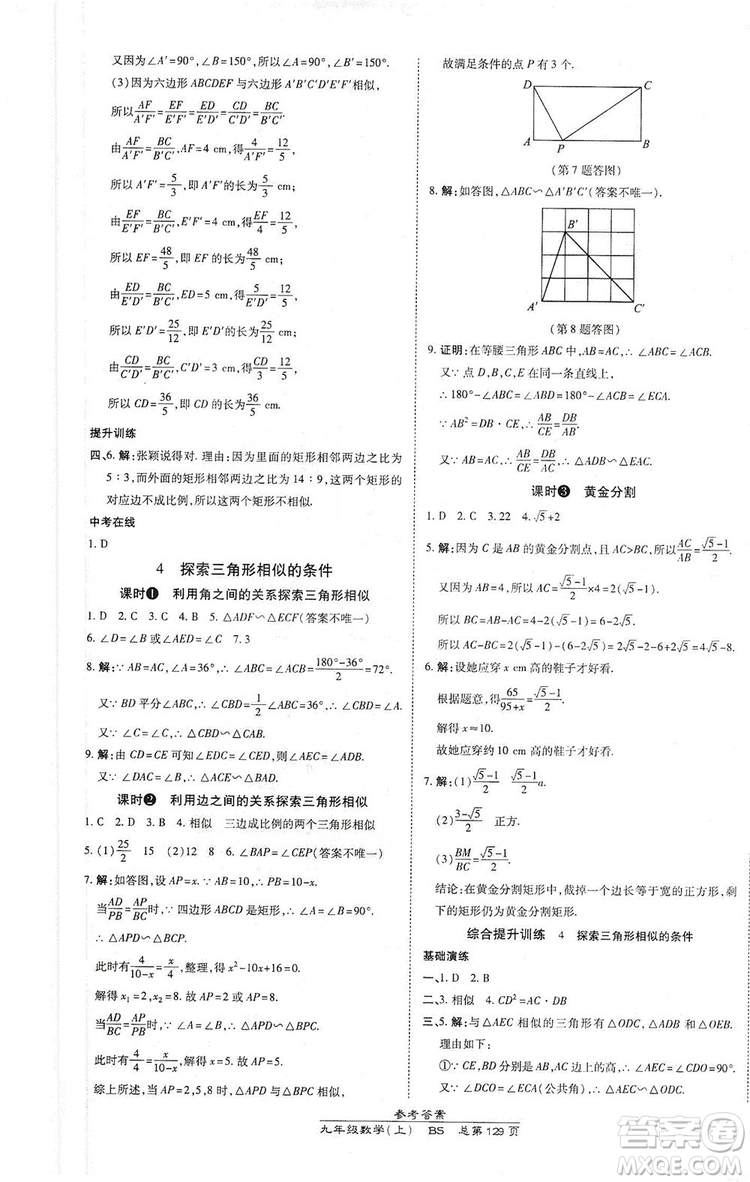 萬向思維2019高效課時通九年級數(shù)學(xué)上冊北師大版答案