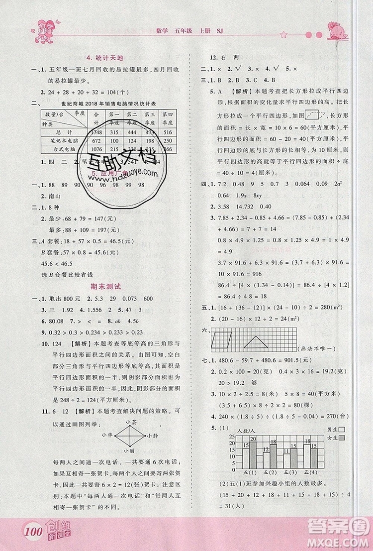 2019年王朝霞創(chuàng)維新課堂五年級(jí)數(shù)學(xué)上冊(cè)蘇教版參考答案