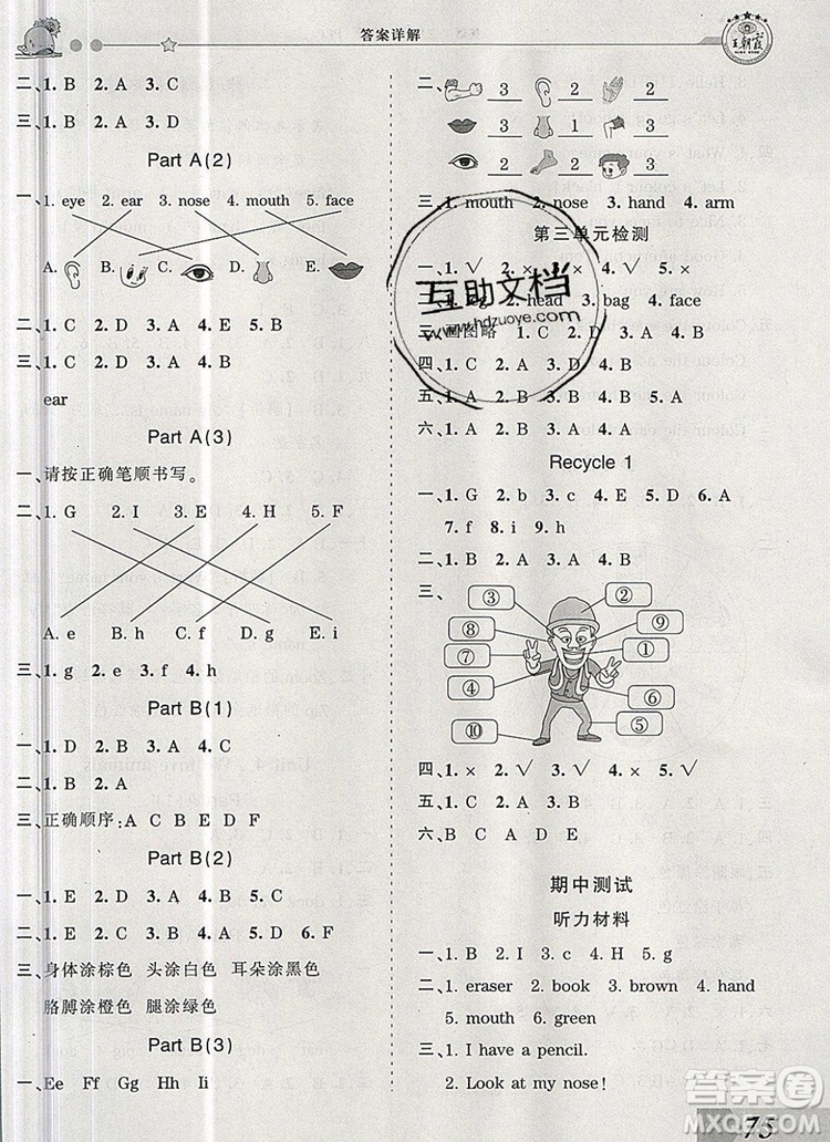 2019年王朝霞創(chuàng)維新課堂三年級(jí)英語(yǔ)上冊(cè)人教PEP版參考答案