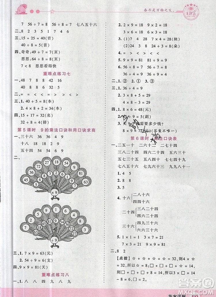 2019年王朝霞創(chuàng)維新課堂二年級數(shù)學上冊蘇教版參考答案