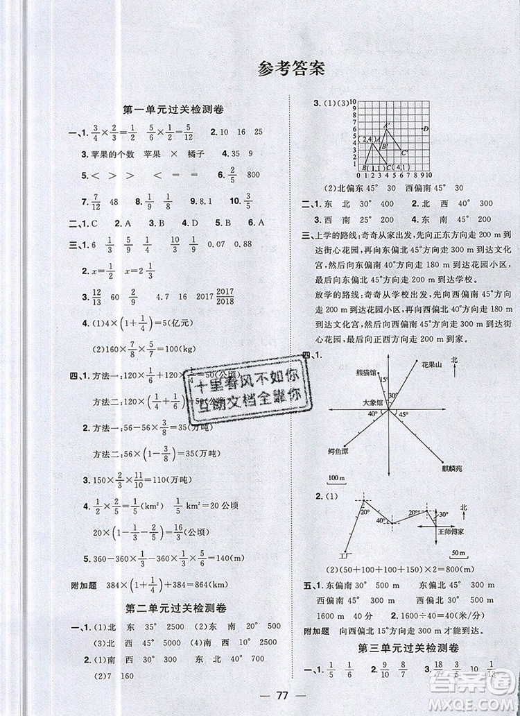 2019年陽光同學一線名師全優(yōu)好卷六年級數學上冊人教版參考答案