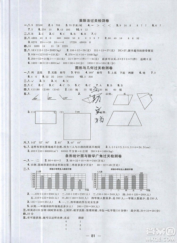 2019年陽光同學(xué)一線名師全優(yōu)好卷四年級數(shù)學(xué)上冊人教版參考答案