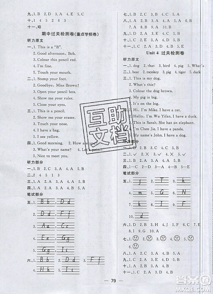 2019年陽(yáng)光同學(xué)一線(xiàn)名師全優(yōu)好卷三年級(jí)英語(yǔ)上冊(cè)人教PEP版參考答案