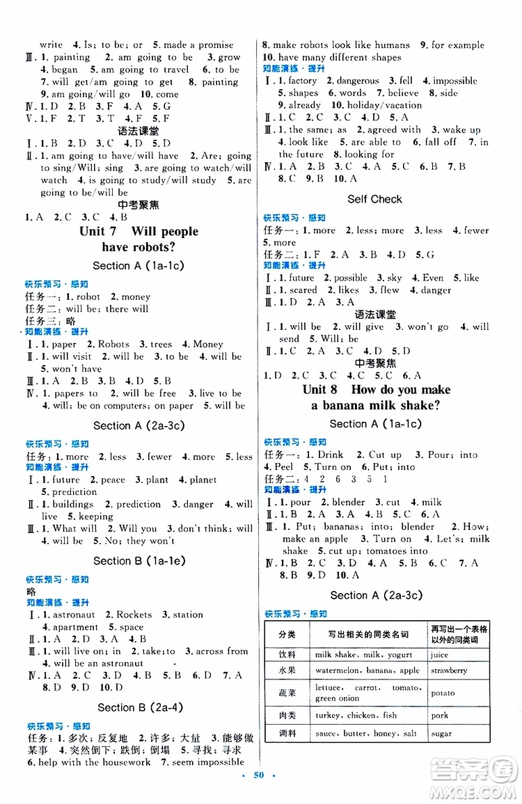 2019年初中同步測控優(yōu)化設(shè)計八年級上冊英語人教版參考答案