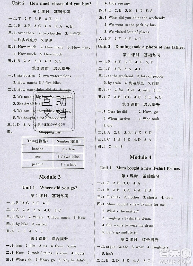 2019年陽(yáng)光同學(xué)課時(shí)優(yōu)化作業(yè)五年級(jí)英語(yǔ)上冊(cè)外研版參考答案