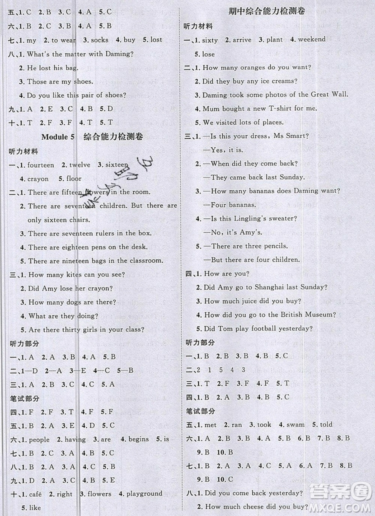 2019年陽(yáng)光同學(xué)課時(shí)優(yōu)化作業(yè)五年級(jí)英語(yǔ)上冊(cè)外研版參考答案