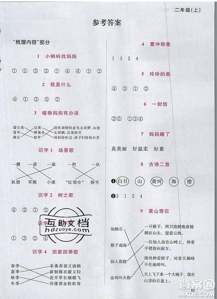 2019年陽光同學(xué)課時(shí)優(yōu)化作業(yè)二年級(jí)語文上冊(cè)人教版參考答案