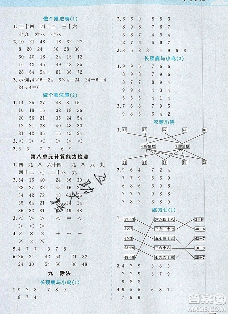 2019年陽(yáng)光同學(xué)計(jì)算小達(dá)人二年級(jí)數(shù)學(xué)上冊(cè)北師大版參考答案