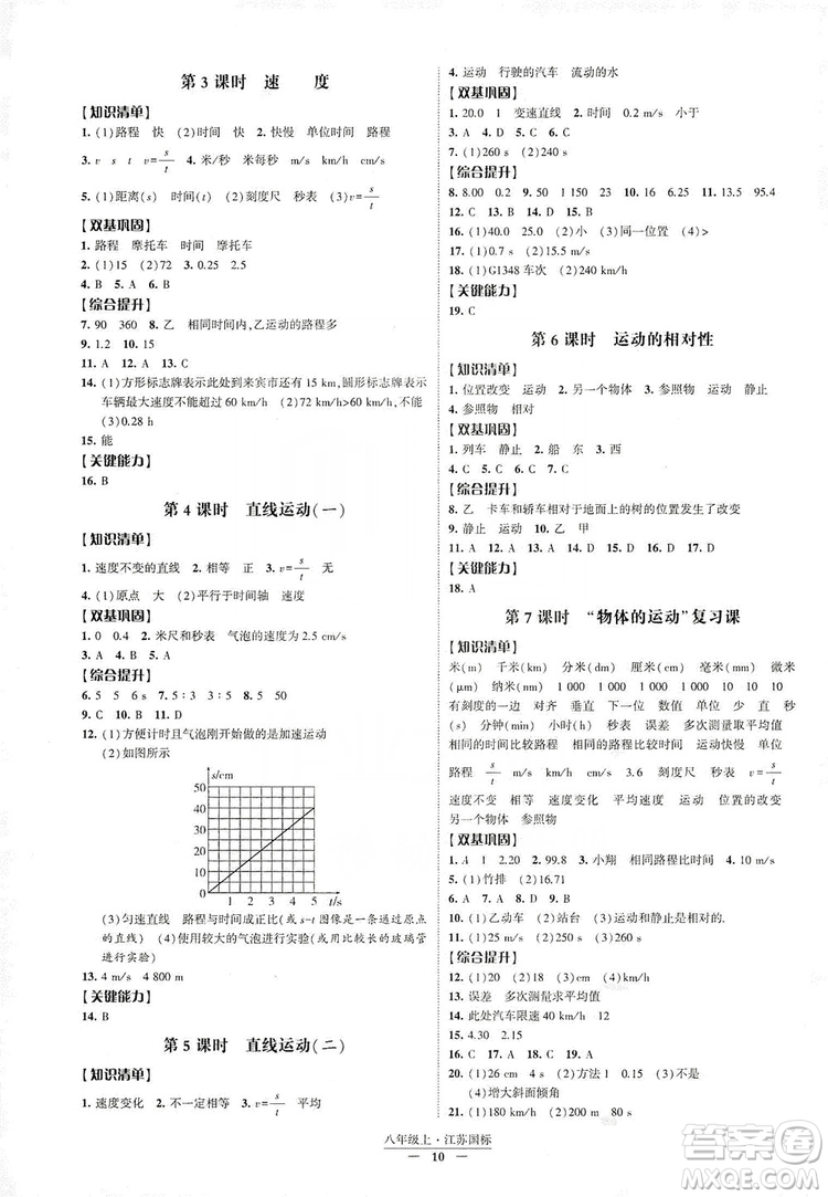 經(jīng)綸學典2019新課時作業(yè)八年級物理上冊江蘇國標版答案