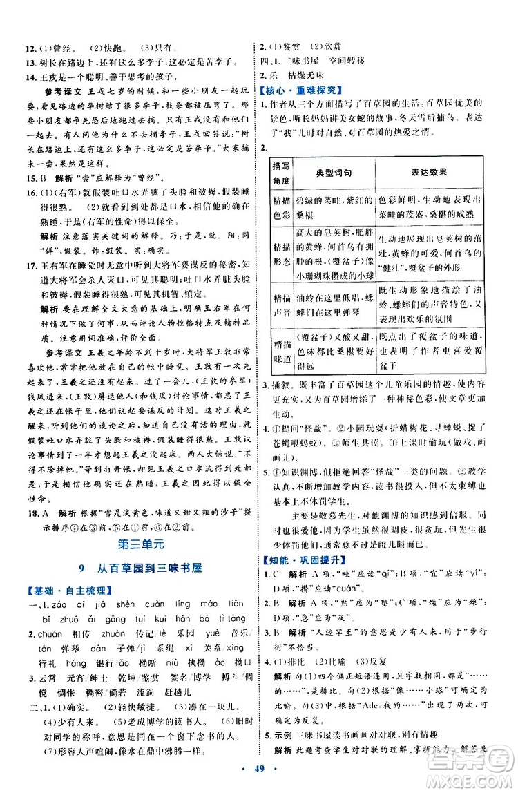 2019年初中同步學習目標與檢測語文七年級上冊人教版參考答案