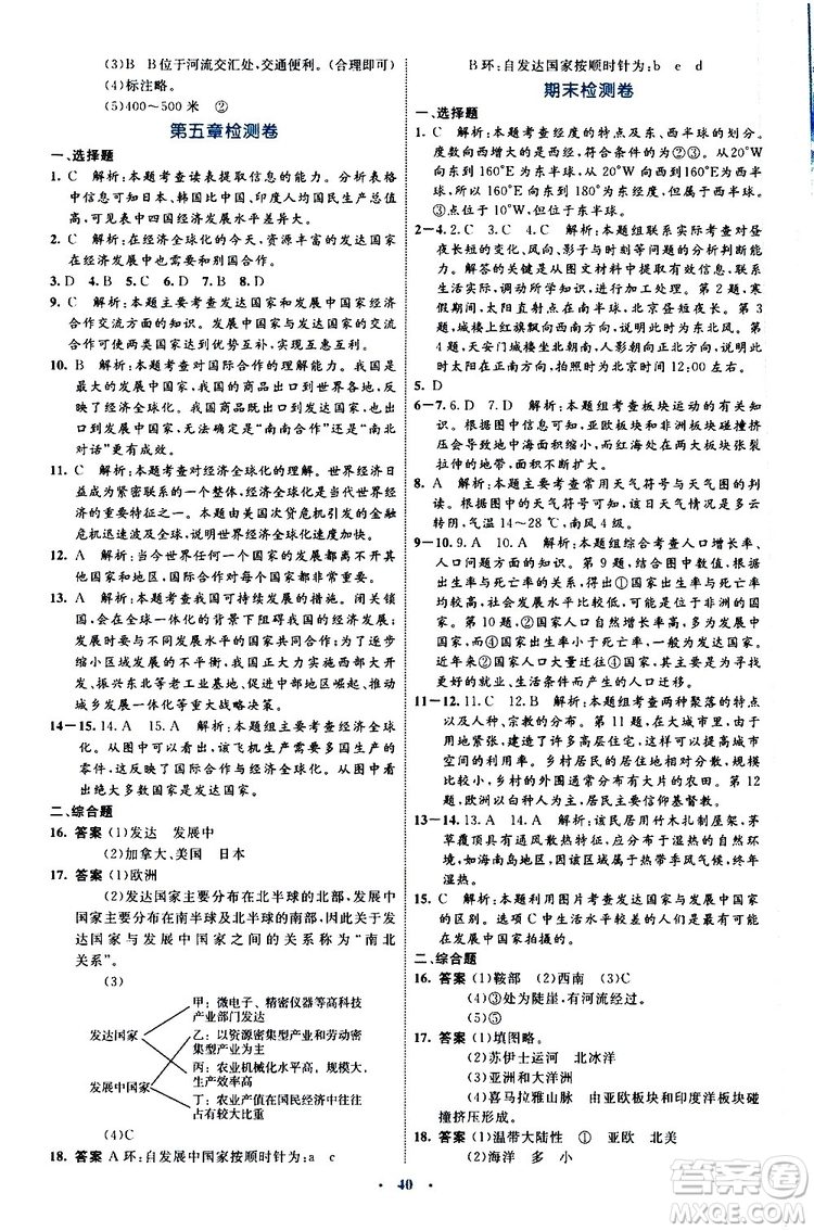 2019年初中同步學習目標與檢測地理七年級上冊人教版參考答案