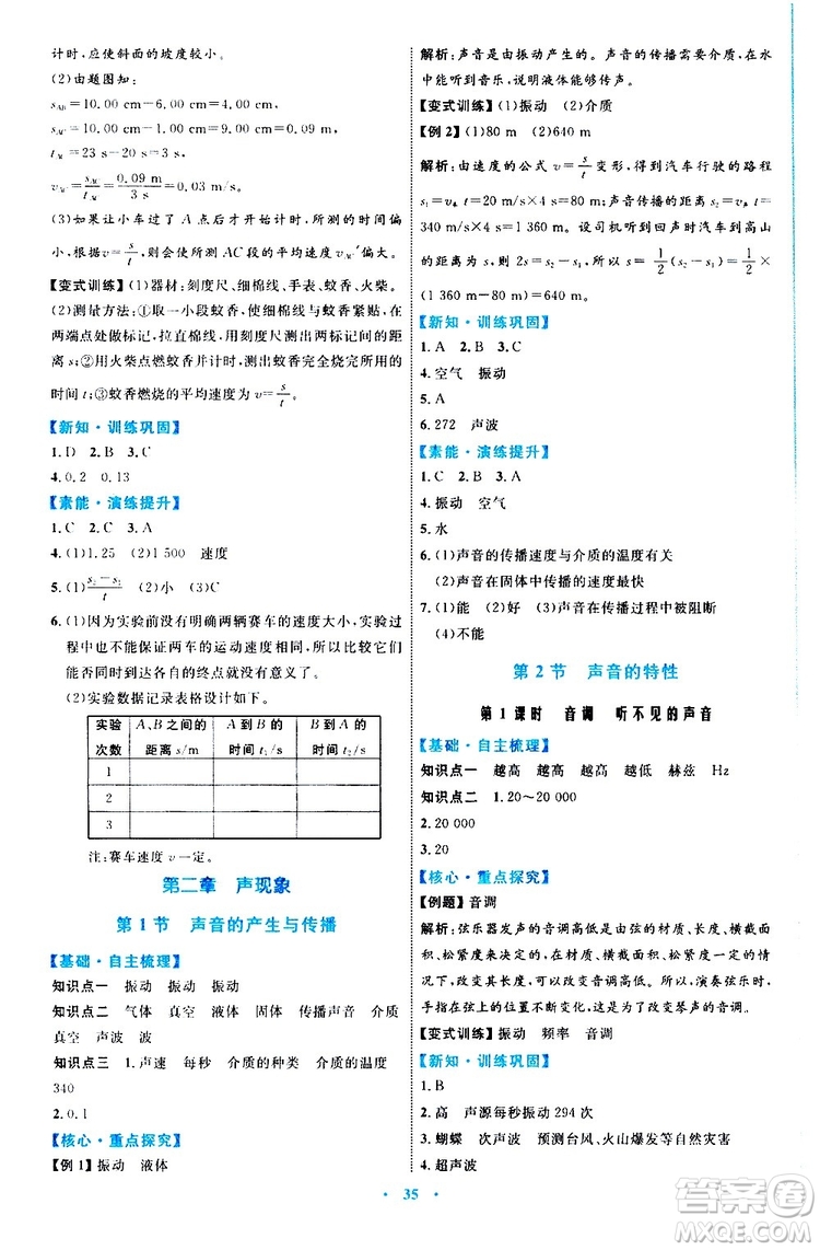 2019年初中同步學習目標與檢測物理八年級上冊人教版參考答案