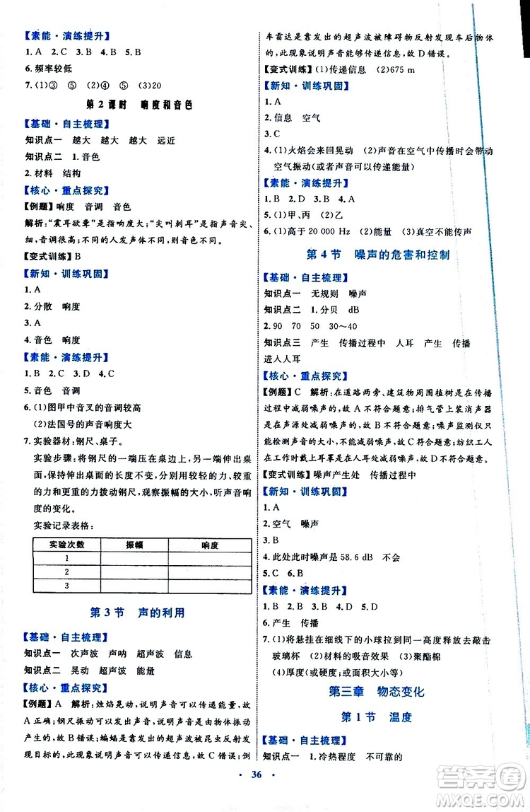 2019年初中同步學習目標與檢測物理八年級上冊人教版參考答案