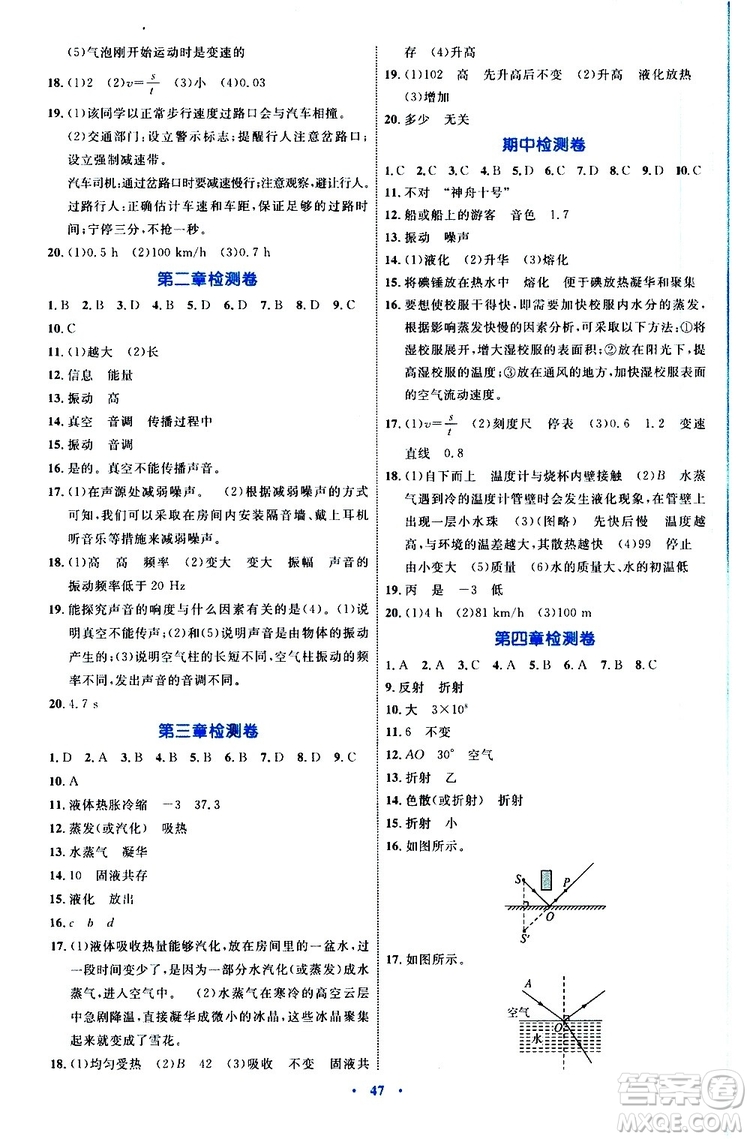 2019年初中同步學習目標與檢測物理八年級上冊人教版參考答案