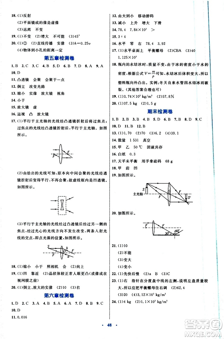 2019年初中同步學習目標與檢測物理八年級上冊人教版參考答案