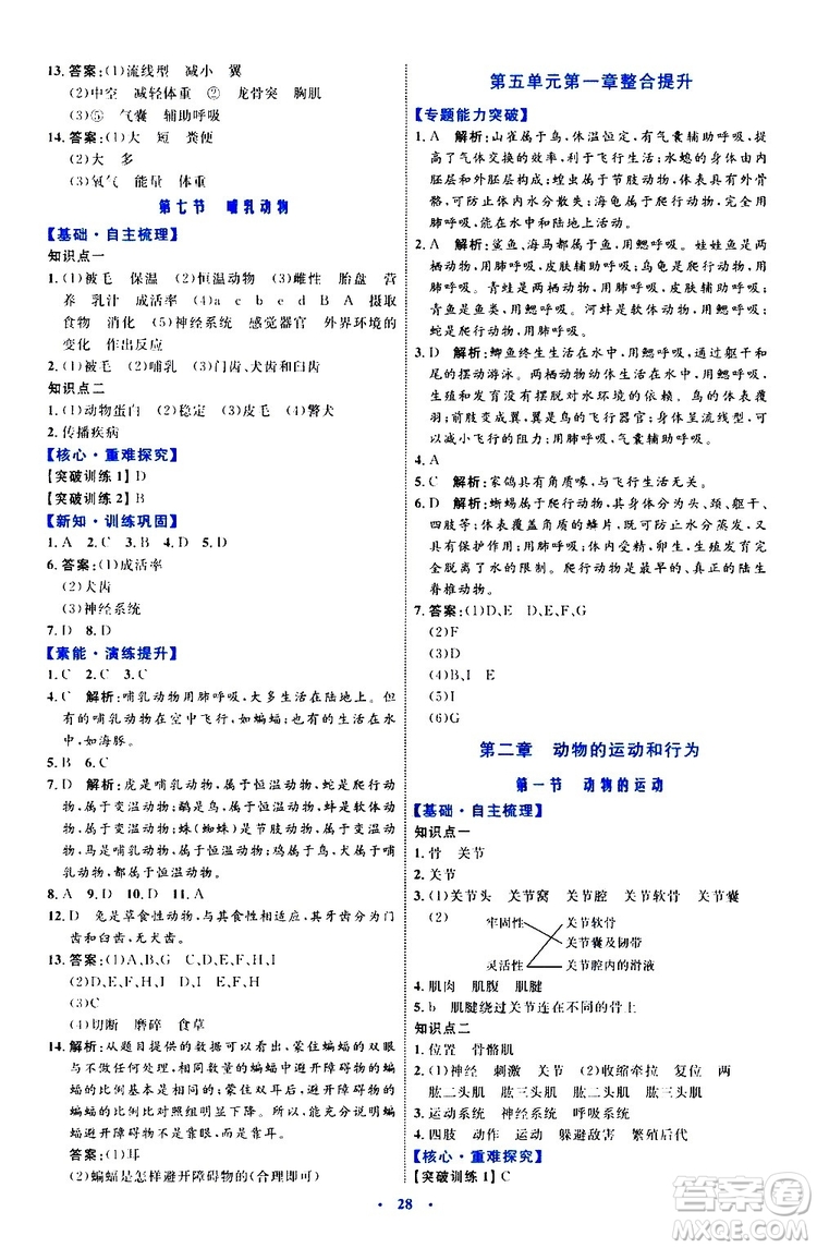 2019年初中同步學(xué)習(xí)目標(biāo)與檢測生物八年級上冊人教版參考答案