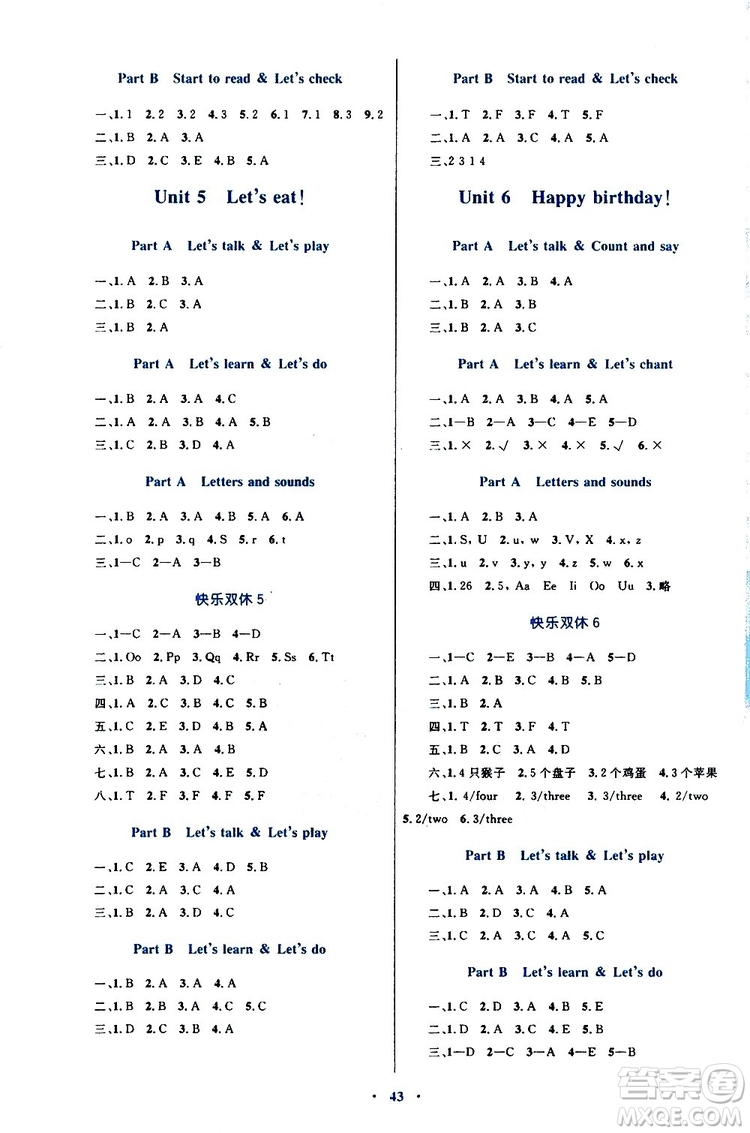 2019年小學(xué)同步學(xué)習(xí)目標(biāo)與檢測英語三年級(jí)上冊人教版參考答案