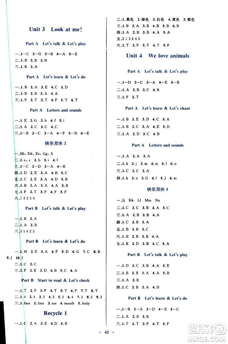 2019年小學(xué)同步學(xué)習(xí)目標(biāo)與檢測英語三年級(jí)上冊人教版參考答案