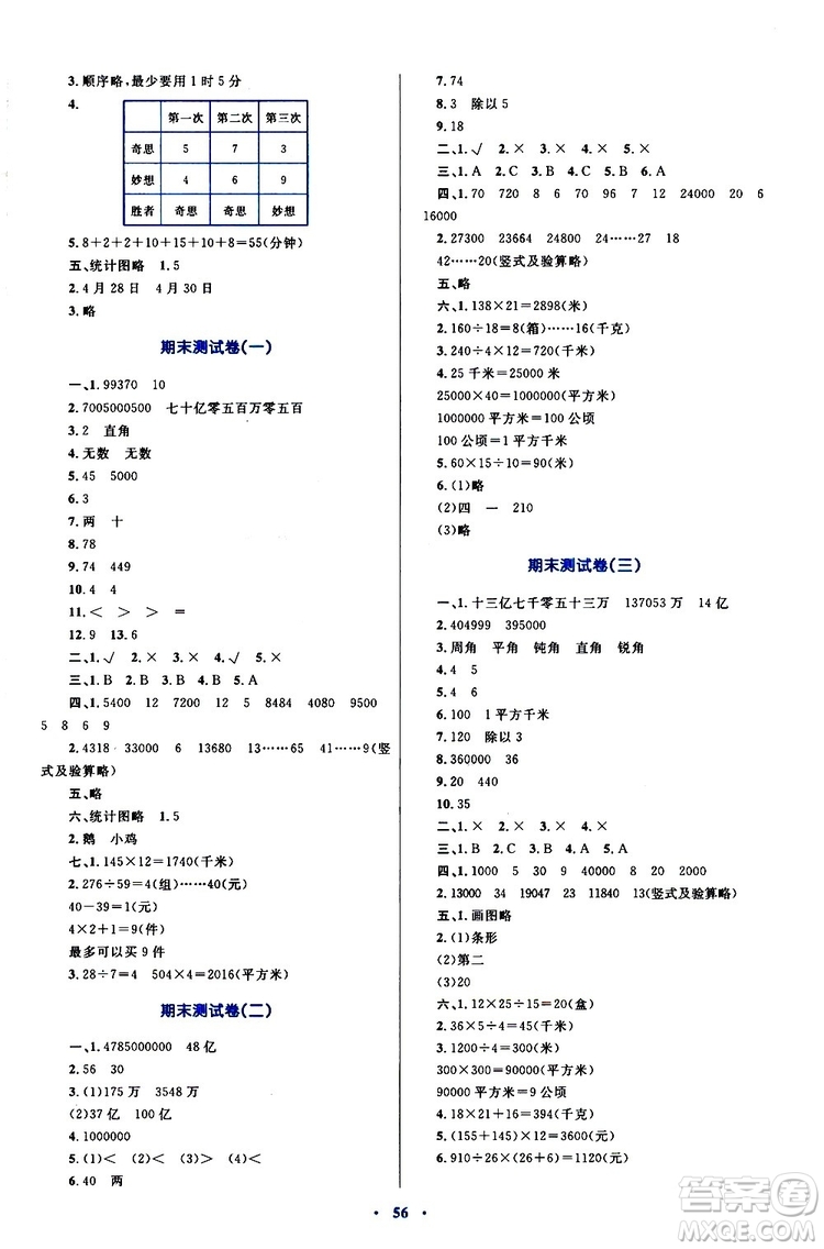 2019年小學同步學習目標與檢測數學四年級上冊人教版參考答案