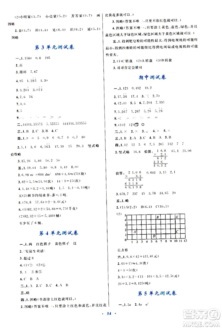 2019年小學同步學習目標與檢測數(shù)學五年級上冊人教版參考答案