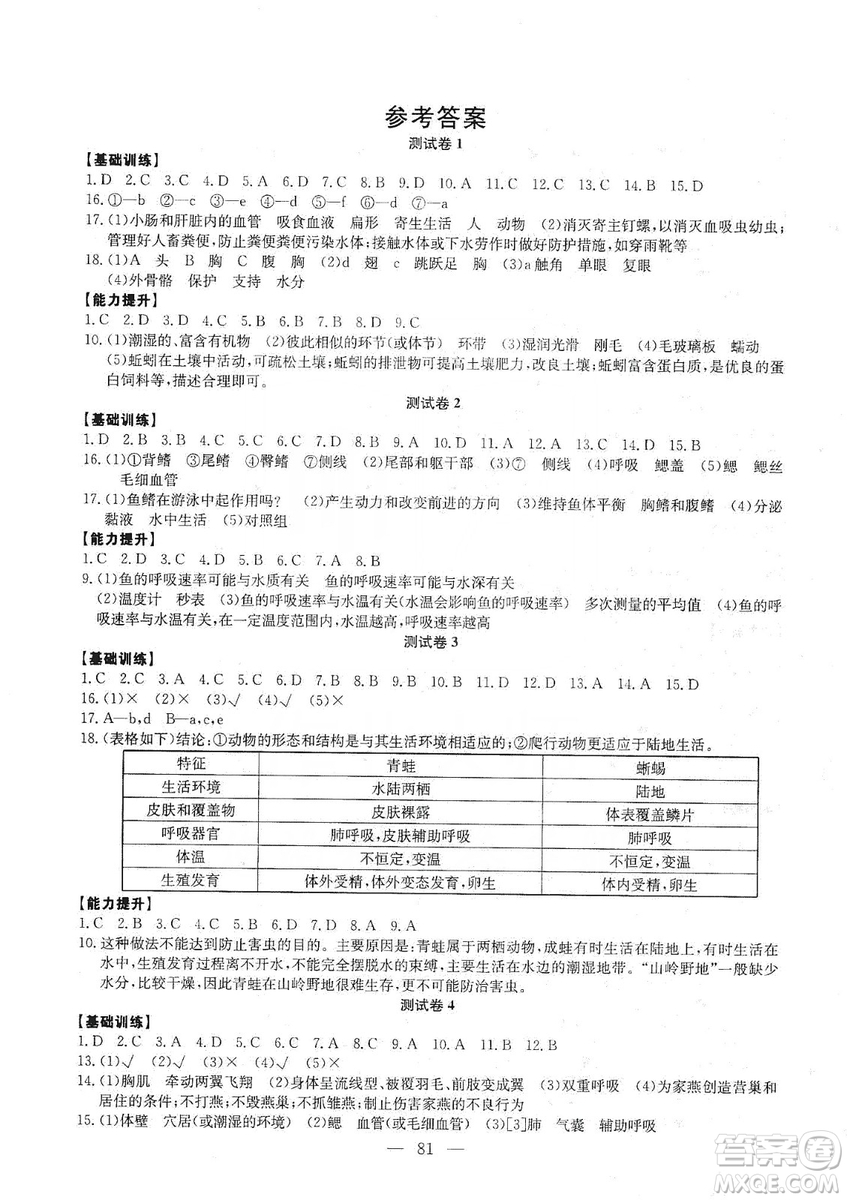 湖北教育出版社2019黃岡測(cè)試卷八年級(jí)生物上冊(cè)答案