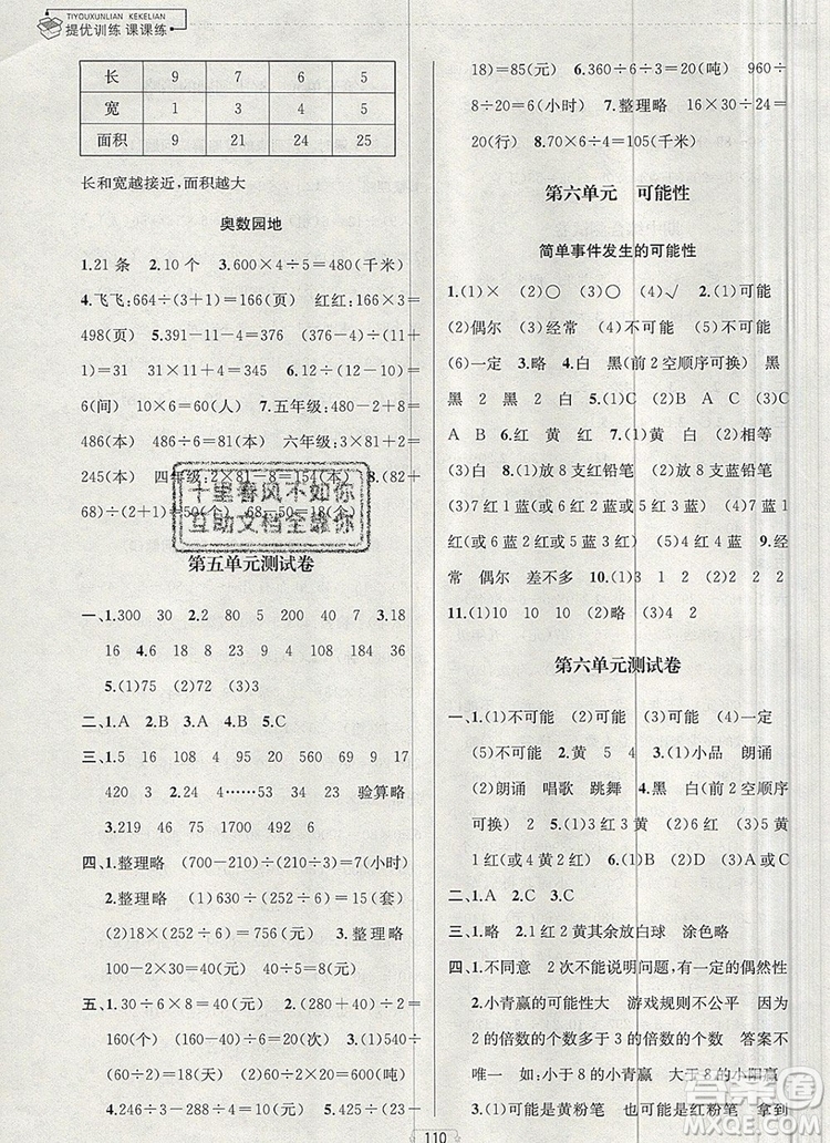 2019年金鑰匙提優(yōu)訓(xùn)練課課練四年級(jí)數(shù)學(xué)上冊(cè)江蘇版參考答案