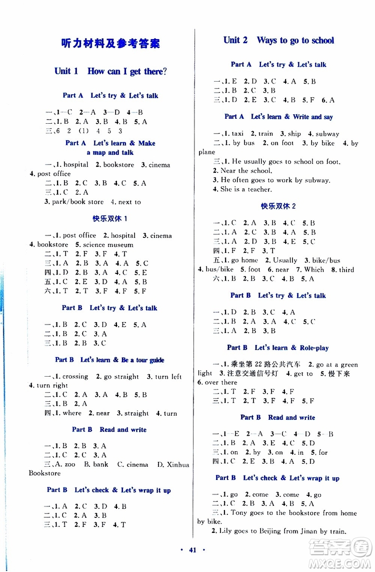 2019年小學(xué)同步學(xué)習(xí)目標(biāo)與檢測(cè)英語六年級(jí)上冊(cè)人教版參考答案