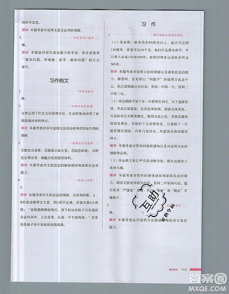 2019年一本我愛寫作業(yè)小學(xué)語文五年級上冊人教版參考答案