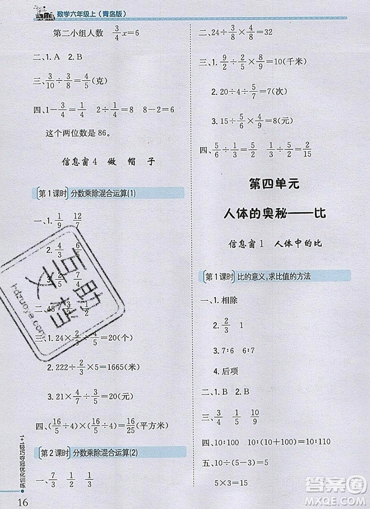 2019年1加1輕巧奪冠優(yōu)化訓練六年級數(shù)學上冊青島版銀版參考答案