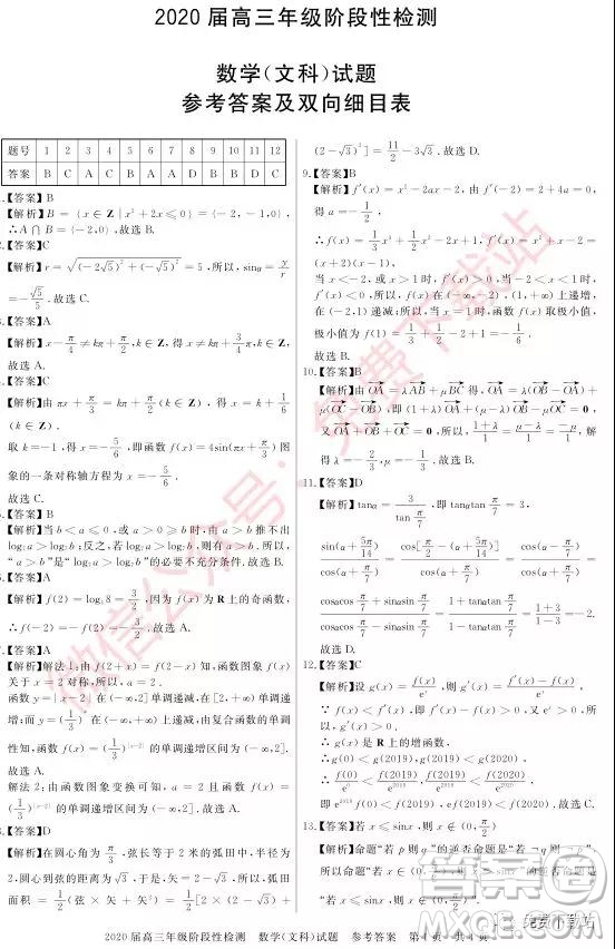 武漢尚品聯(lián)考2020屆高三年級(jí)階段性檢測(cè)文科數(shù)學(xué)試題及答案