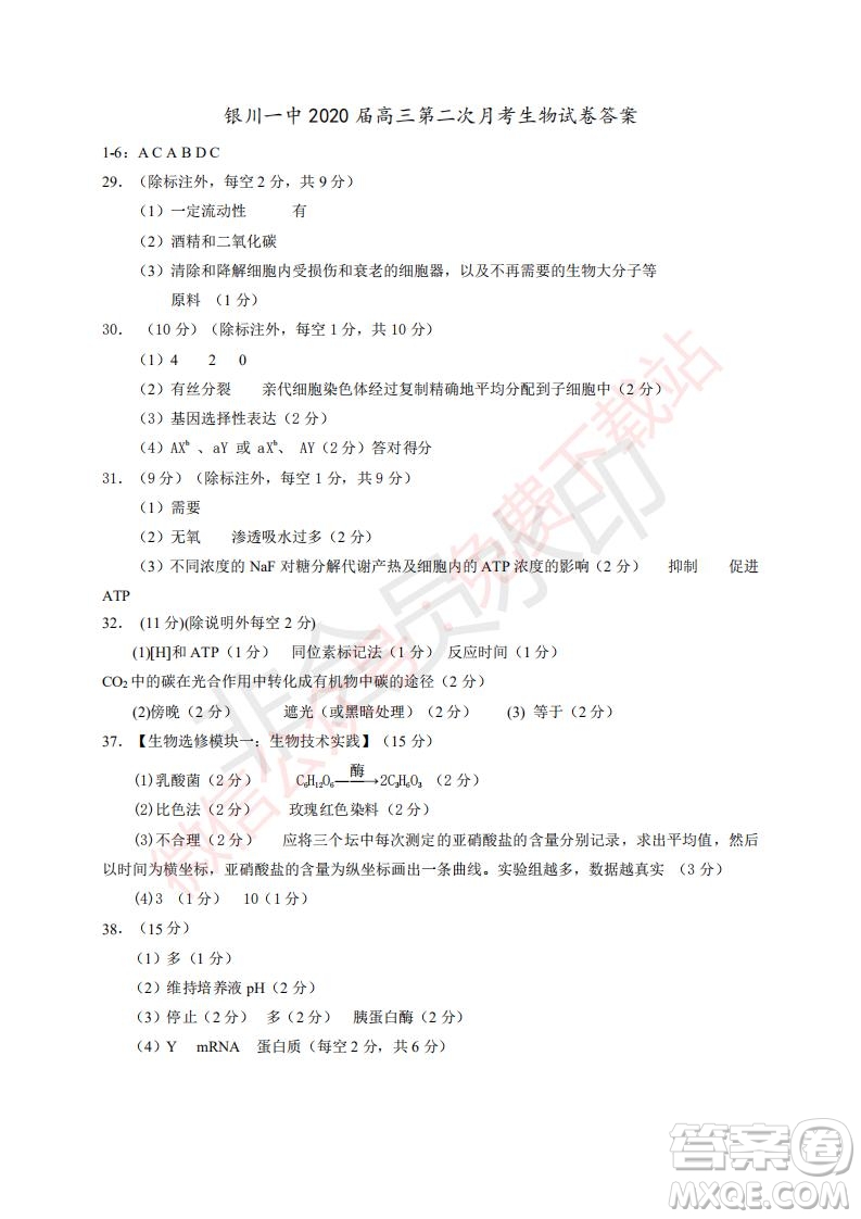 2020屆銀川一中高三年級第二次月考理科綜合試題及答案